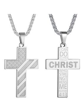 Silver American Flag Christ Cross Necklace Men Stainless Steel Box Chain 22 inch